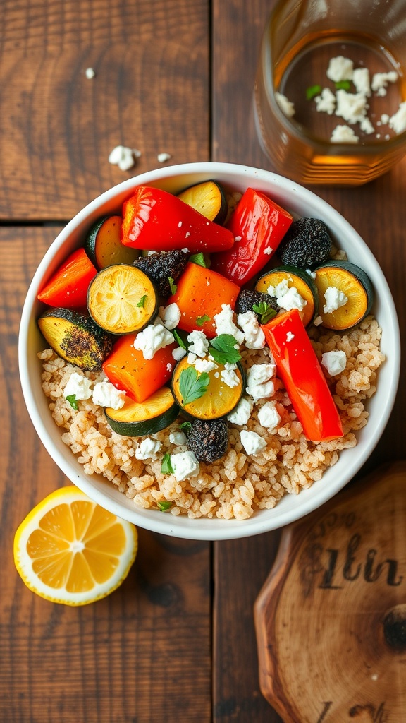 A nutritious quinoa bowl with roasted vegetables, feta cheese, and lemon on a rustic table.